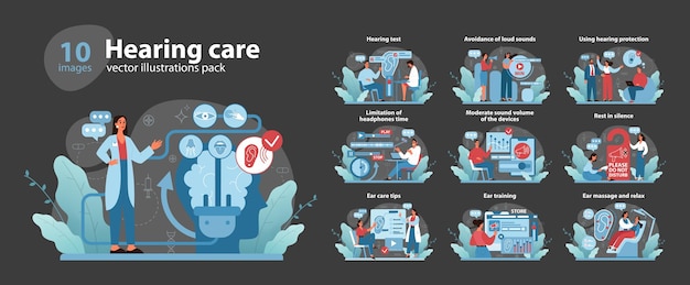Vector concepto de cuidado auditivo conjunto de ilustraciones vectoriales completas que representan varios aspectos de la audición