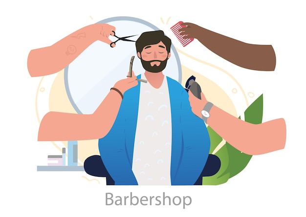 Vector el concepto de cuidado del cabello y la barba del hombre sentado en el salón y los estilistas hacen su cabello y ajustan la forma de