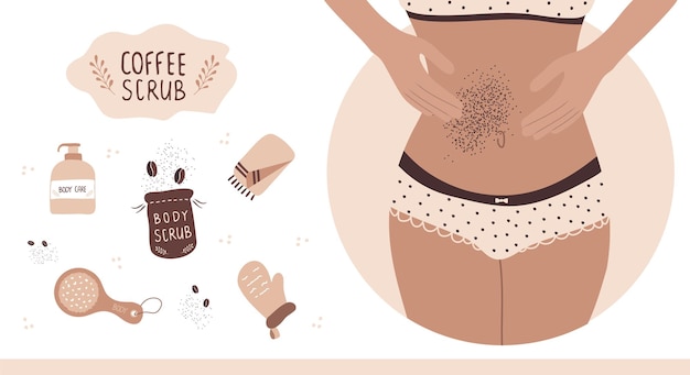 Concepto de cuidado corporal en casa. mujer exfoliante vientre con exfoliante de café.