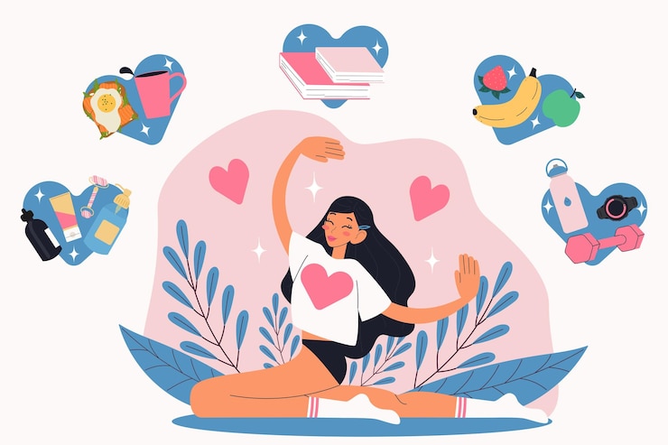 Vector concepto de cuidado personal chica de estiramiento con pegatinas de amor propio ilustración vectorial aislada moderna