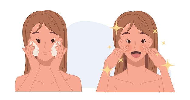 Concepto de cuidado de la piel mujer de limpieza facial se está lavando la cara ilustración de vector plano