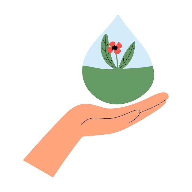 El concepto de cuidar el medio ambiente Mano y una gota de agua con una flor dentro Ilustración vectorial en estilo plano