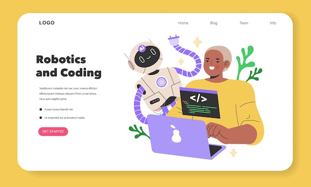 El concepto de cultura maker un hombre con un robot ilustra el futuro de la codificación y la robótica una mezcla de