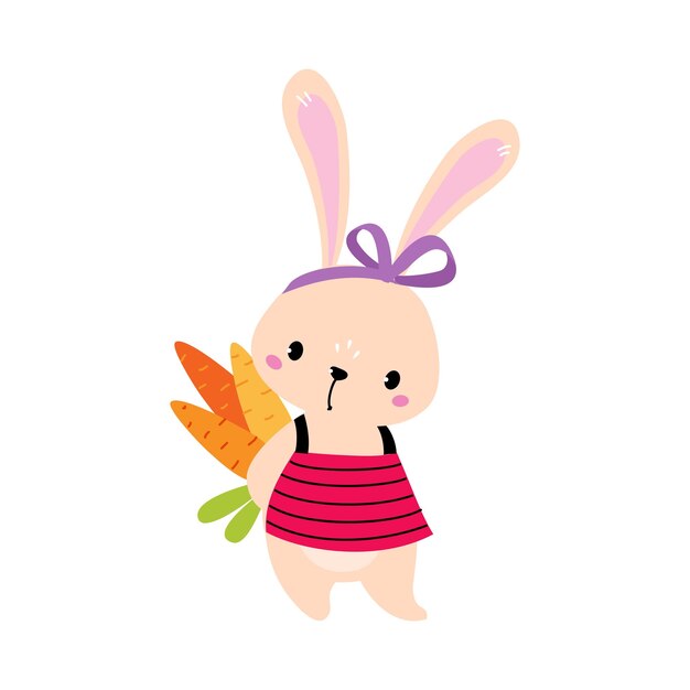 Concepto de cumpleaños feliz conejo adorable bebé animal con ramo de zanahorias bebé ducha celebración elemento ilustración vectorial de dibujos animados