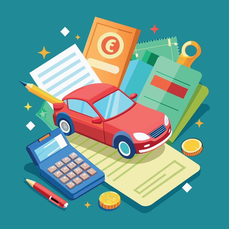 Vector concepto de cuotas financieras de automóvil como calculadora de llave de automóvil lápiz en billete de papel y facturas con pila