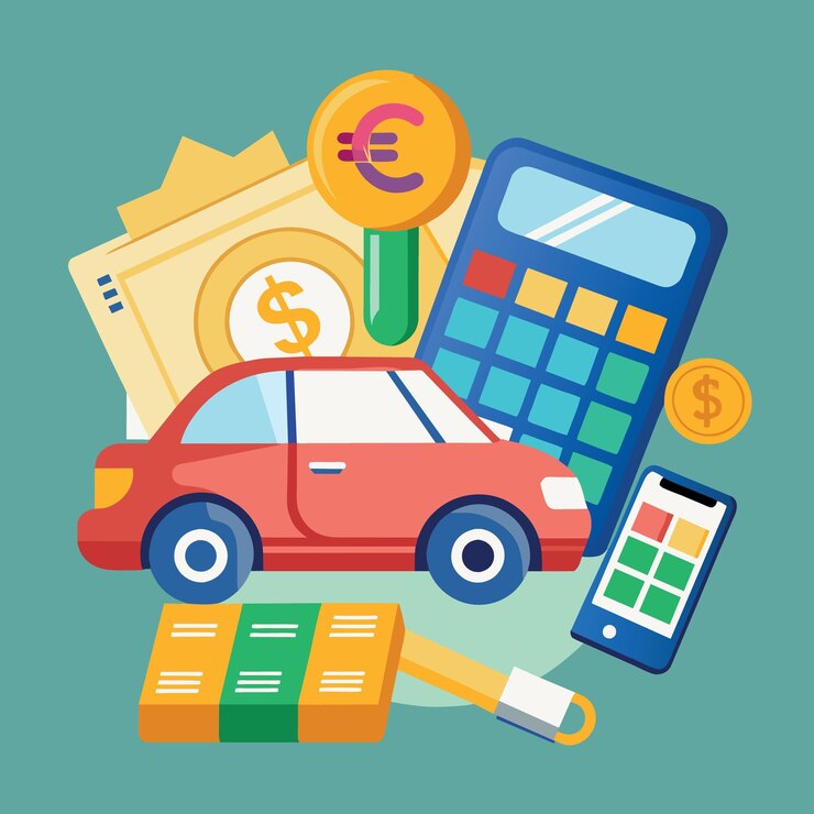 Vector concepto de cuotas financieras de automóviles como calculadora de llaves de automóviles y facturas con pila de billetes de euro