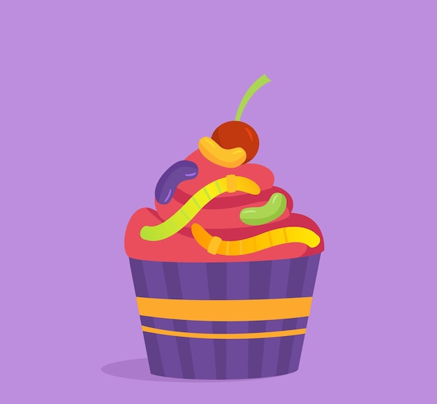 Concepto de cupcake de halloween pastel con gusanos coloridos postre para vacaciones de miedo festival anual de horror panadería y pastelería dibujos animados vector plano aislado sobre fondo violeta