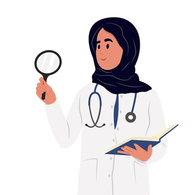 Concepto de curiosidad La mujer musulmana es doctora con una tableta y un estetoscopio