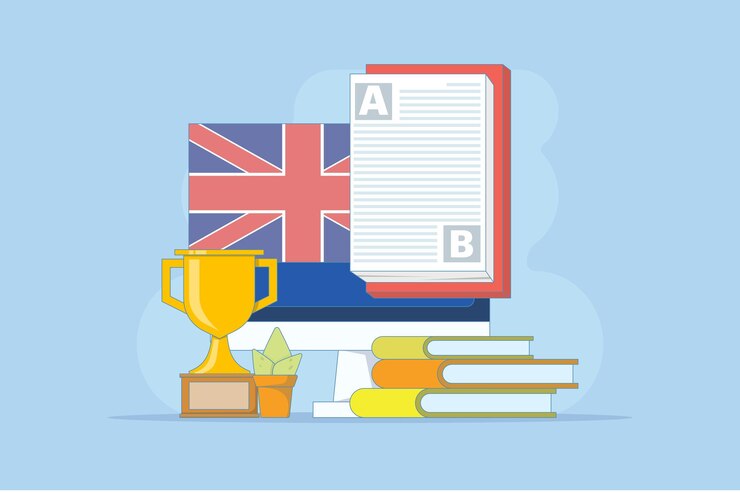 Vector concepto de curso de educación en inglés en línea con computadora pc con libros y banderas y trofeos