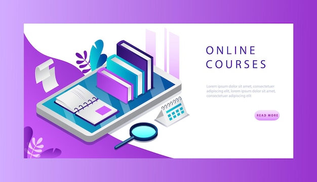 Concepto de curso en línea 3d isométrico. Página de destino del sitio web.
