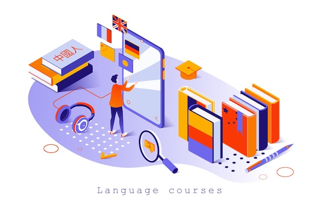 Concepto de cursos de idiomas en diseño isométrico 3d El estudiante estudia idiomas extranjeros en línea aprende