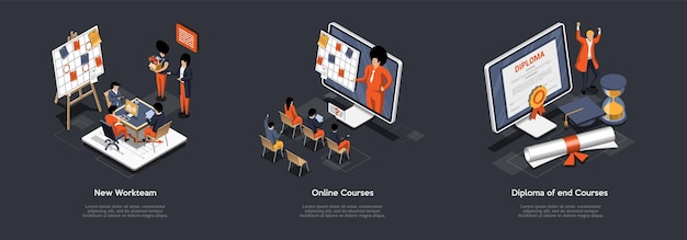 Concepto de cursos en línea Fin de la distancia Los estudiantes de aprendizaje electrónico en línea obtuvieron un diploma en el salón de clases virtual Escuchando a los maestros Autoeducación en línea Estudiando Conjunto de ilustraciones vectoriales de dibujos animados 3D isométricos