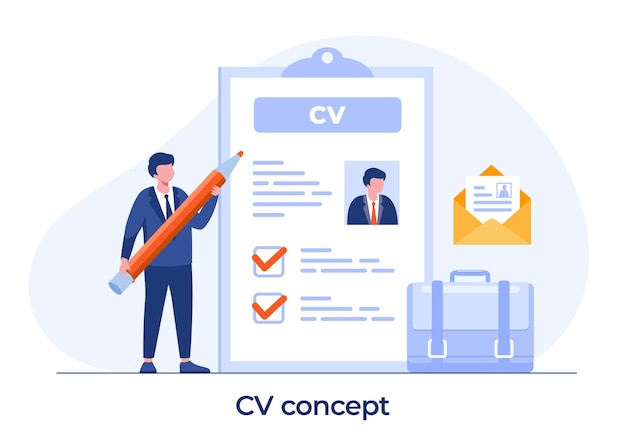 Concepto de CV, concepto de contratación de trabajo, vacante en línea, empleado, Fondo de plantilla de vector plano de Ilustración