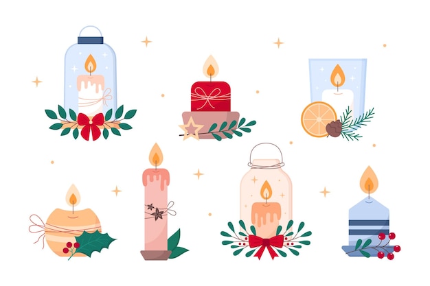 Vector concepto de decoraciones navideñas. conjunto de lindas velas navideñas.