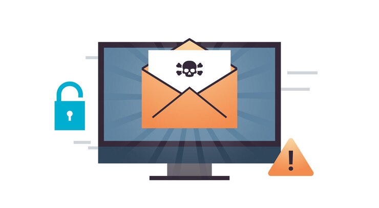 Vector el concepto de delito cibernético y la computadora muestran la pantalla de malware que viene con la ilustración de vector plano de correo electrónico