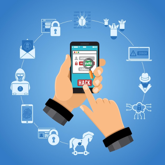 Concepto de delito cibernético. Hacker sosteniendo un teléfono inteligente en la mano y piratea la contraseña. Iconos de estilo plano Hacker, Virus, Bug, Spam e Ingeniería social. ilustración vectorial aislada