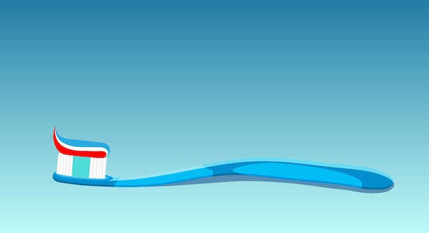 Vector concepto dental. un cepillo de dientes azul con pasta de dientes de color, colocado horizontalmente sobre un fondo azul. diseño plano, cuidado bucal, higiene dental y lingual. copie el espacio. ilustración vectorial
