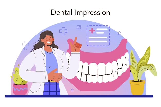 Concepto de dentista. médico dental en uniforme que trata los dientes humanos con equipo médico. técnico dental colocando un implante o carilla. ilustración vectorial plana