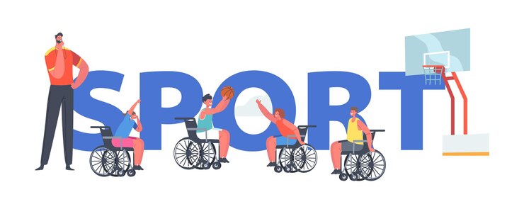Vector concepto de deporte. niños discapacitados paralizados jugando baloncesto sentados en sillas de ruedas, actividad deportiva de personajes de niños discapacitados, cartel de entrenamiento, pancarta o volante. ilustración de vector de gente de dibujos animados