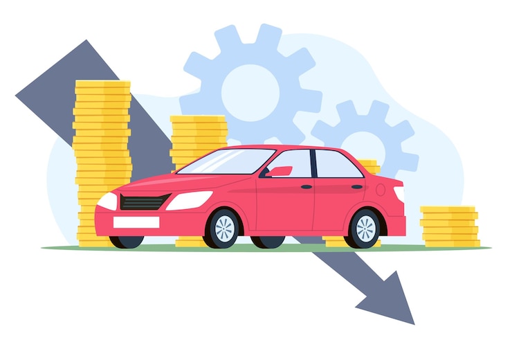 Vector concepto de depreciación disminución del valor del automóvil compra y venta de automóviles gráfico con flecha finanzas y seguros caída del precio del mercado del automóvil ilustración de vector aislado plano de dibujos animados