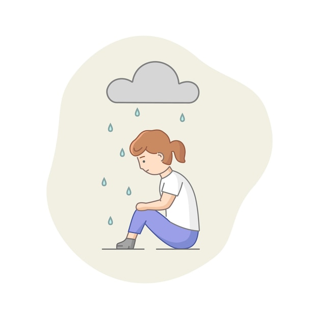 Concepto de depresión. Personaje femenino que sufre de depresión. Mujer triste sentada bajo la lluvia. Clima nublado, ocultación de emociones y agotamiento.