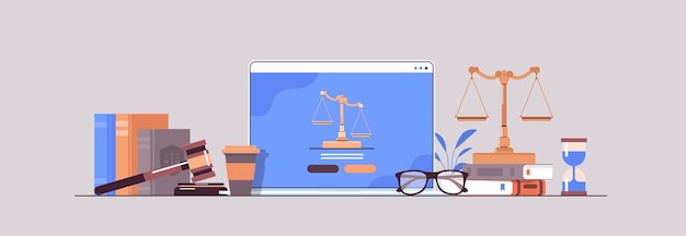 Concepto de derecho y justicia juez martillo libros y escalas en la pantalla del portátil abogado en línea asesoramiento legal horizontal