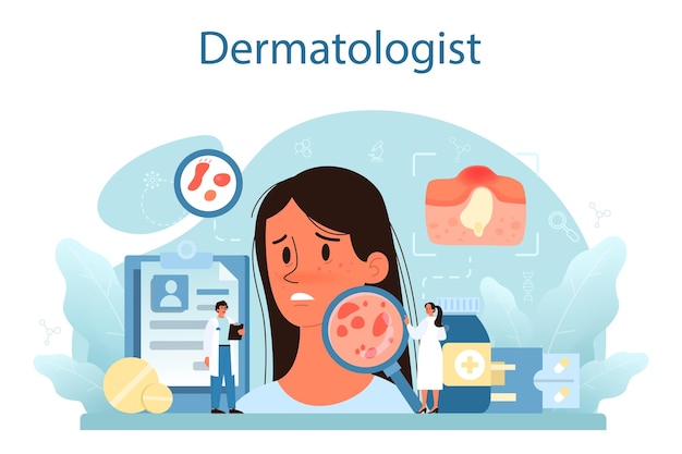 Concepto de dermatólogo Dermatología especialista en piel de la cara o tratamiento del acné Idea de belleza y salud Esquema de epidermis de la piel Ilustración vectorial en estilo de dibujos animados