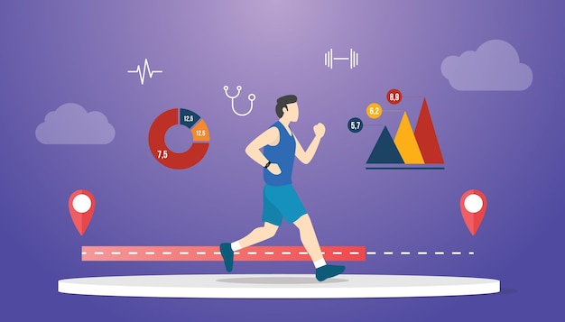 Concepto de desafío de fitness con hombre corriendo con un rastreador de datos de estadísticas con ilustración de vector de estilo plano moderno