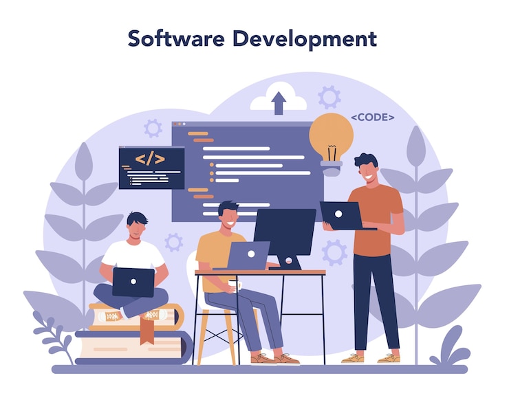 Vector concepto de desarrollador de software. idea de programación y codificación, desarrollo de sistemas. tecnología digital. empresa de desarrollo de software escribiendo código.
