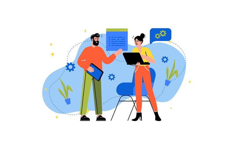 Vector concepto desarrolladores de software con escena de personas en el estilo de dibujos animados planos dos programadores desarrollan software para el cliente que es adecuado para diferentes ilustraciones vectoriales