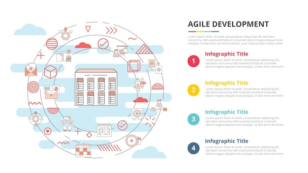 Concepto de desarrollo ágil para banner de plantilla de infografía con información de lista de cuatro puntos