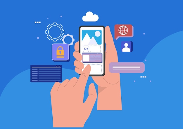 Concepto de desarrollo de aplicaciones Desarrollo de software y tecnología en teléfonos inteligentes Vector de ilustración de dibujos animados de estilo plano