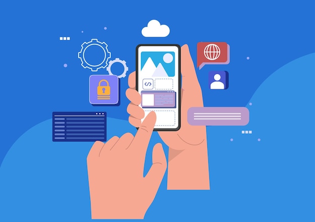 Concepto de desarrollo de aplicaciones desarrollo de software y tecnología en teléfonos inteligentes vector de ilustración de dibujos animados de estilo plano
