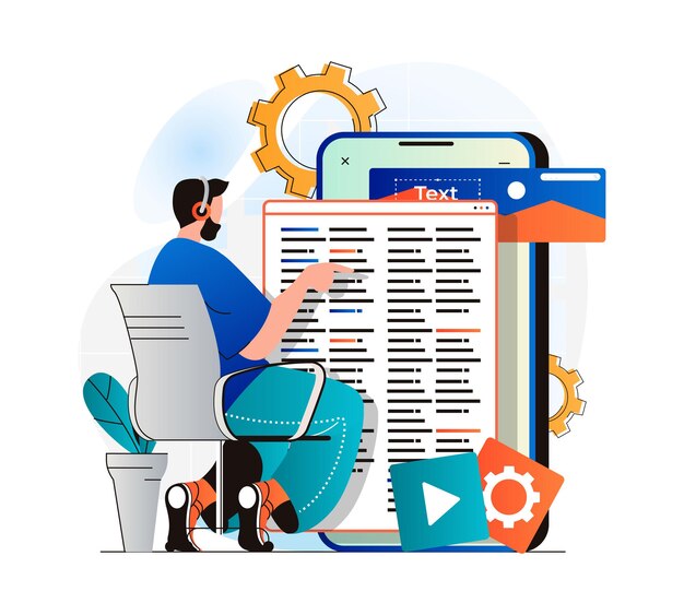 Concepto de desarrollo de aplicaciones en diseño plano moderno Diseño de diseño de interfaz de usuario de código de codificación de desarrollador de hombre