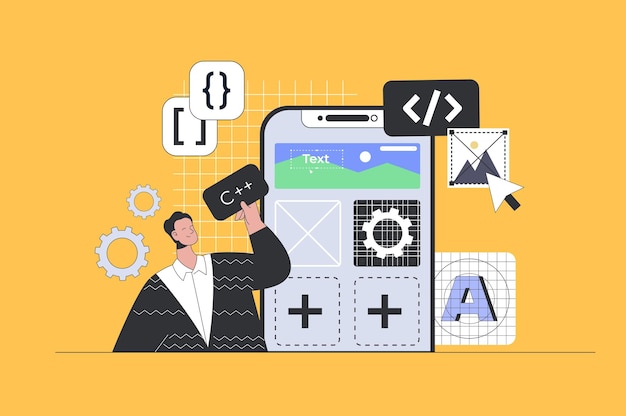 Concepto de desarrollo de aplicaciones en diseño plano moderno para la web Desarrollador que hace ingeniería ui ux y crea interfaz de wireframe móvil Ilustración vectorial para material de marketing de banner de redes sociales