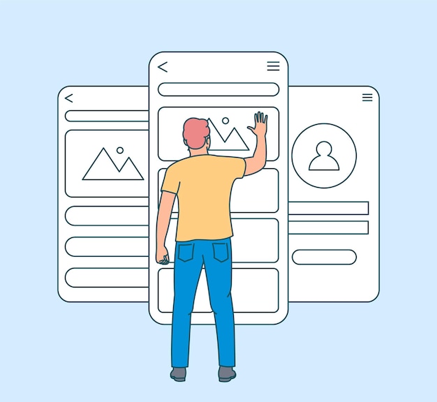 Concepto de desarrollo de aplicaciones móviles. Prueba de usabilidad de la pantalla del móvil con personas Aplicación de software de desarrollo ui y página de interfaz ux. Plano