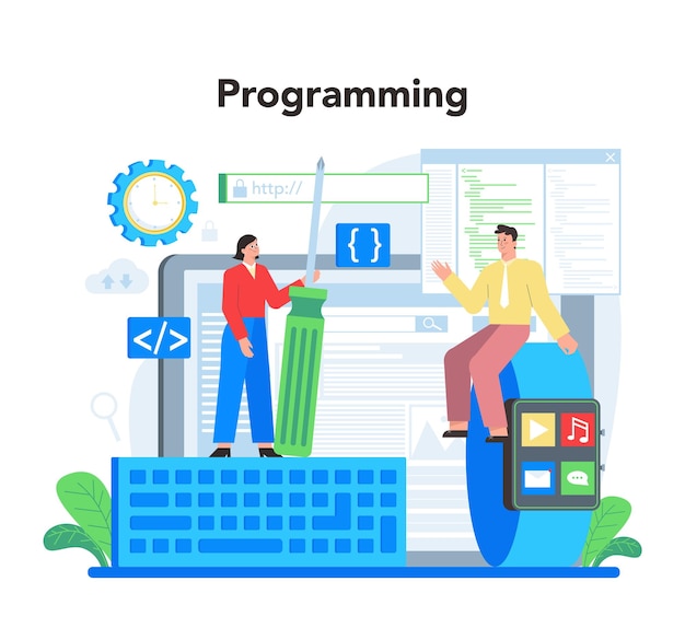 Vector concepto de desarrollo de aplicaciones móviles tecnología moderna y diseño de interfaz de teléfono inteligente creación y programación de aplicaciones ilustración plana vectorial