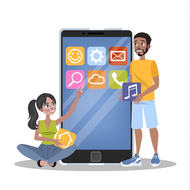 Concepto de desarrollo de aplicaciones móviles. Tecnología moderna e interfaz de teléfono inteligente. Creación y programación de aplicaciones. ilustración