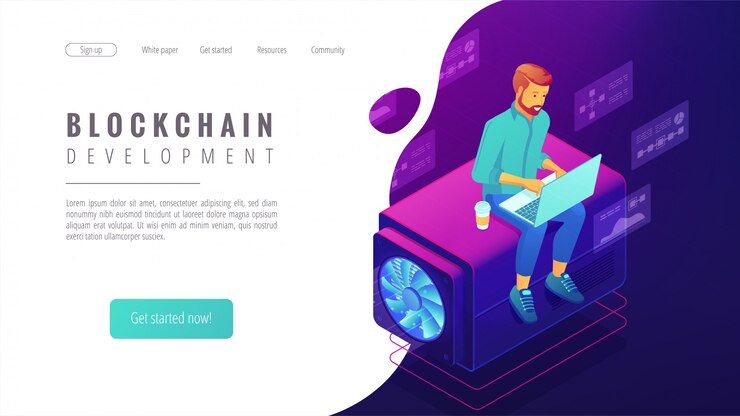 Vector concepto de desarrollo de blockchain isométrico.
