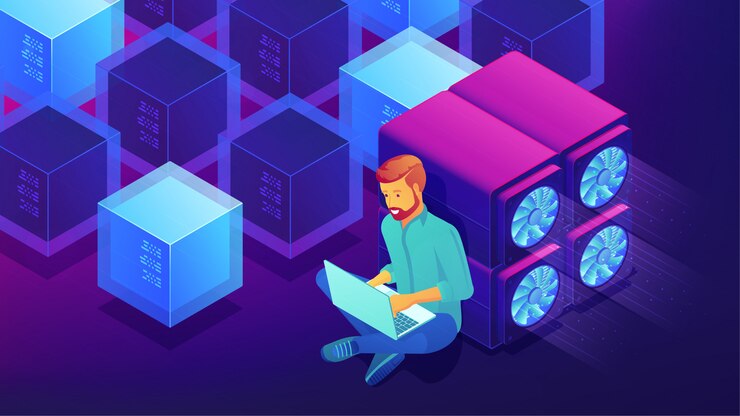 Vector concepto de desarrollo de blockchain isométrico.
