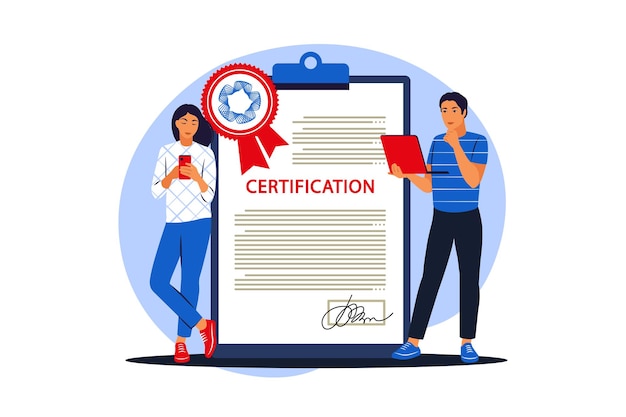 Concepto de desarrollo y certificado empresarial. hombres y mujeres jóvenes de pie junto a un certificado enorme con sello oficial. ilustración vectorial. plano