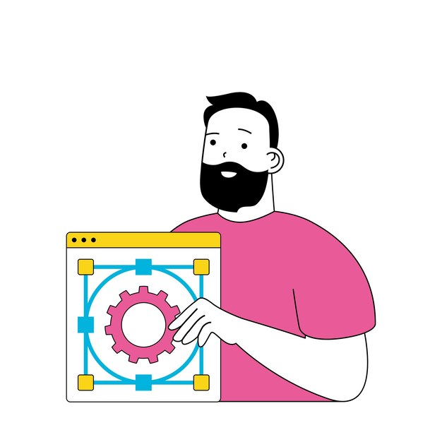 Concepto de desarrollo de diseño con personas de dibujos animados en diseño plano para web Diseño de interfaz de configuración de ingeniería y programación de hombre Ilustración vectorial para material de marketing de banner en redes sociales