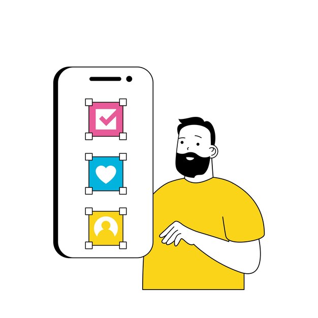 Concepto de desarrollo de diseño con personas de dibujos animados en diseño plano para web Hombre colocando elementos e imágenes en el diseño de aplicaciones móviles Ilustración vectorial para material de marketing de banners en redes sociales