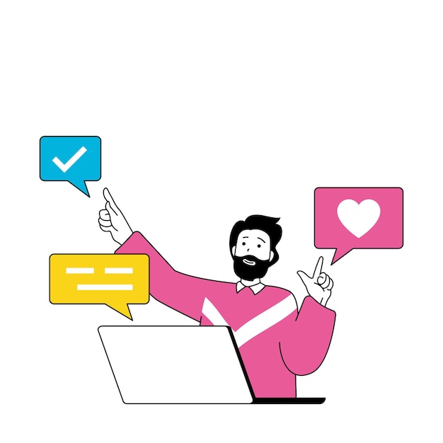Concepto de desarrollo de diseño con personas de dibujos animados en diseño plano para web Hombre creando plantillas y diseños obteniendo comentarios de los usuarios Ilustración vectorial para material de marketing de banners en redes sociales