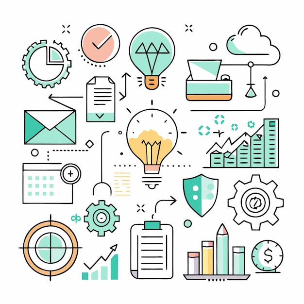 Concepto de desarrollo empresarial con íconos de gráficos, engranajes, bombillas y documentos
