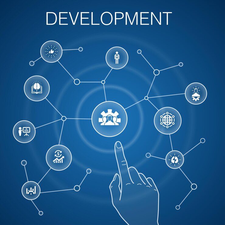 Vector concepto de desarrollo fondo azul solución global conocimiento inversor lluvia de ideas iconos simples