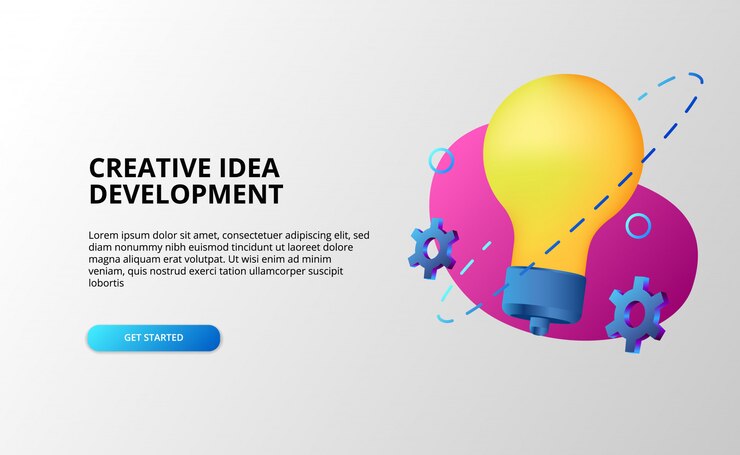 Vector concepto de desarrollo de ideas creativas con lámpara y equipo de color pop degradado moderno 3d.