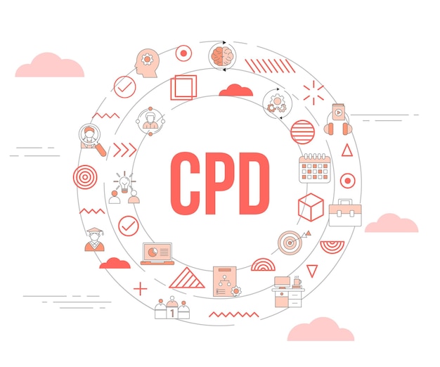 Concepto de desarrollo profesional continuo de cpd con banner de plantilla de conjunto de iconos y forma redonda de círculo