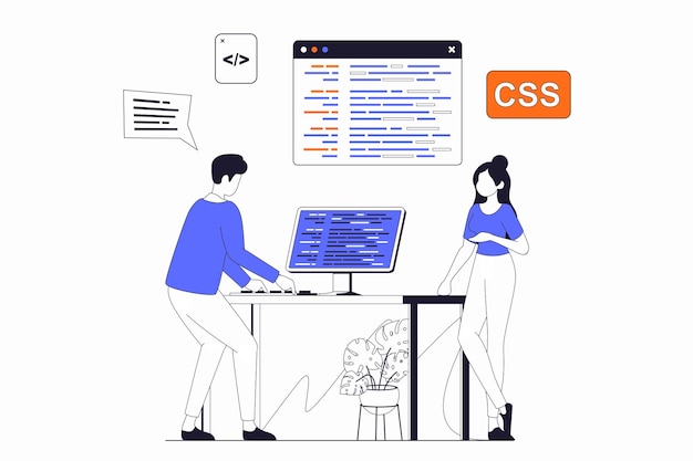 Concepto de desarrollo y programación con escena de personas en diseño de contorno plano