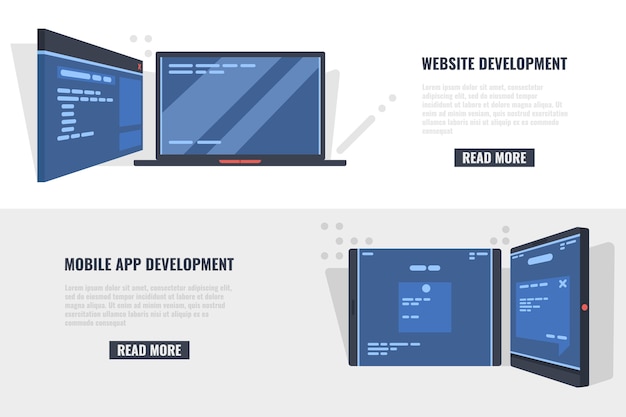 Concepto de desarrollo de sitios web y banners de desarrollo de aplicaciones móviles